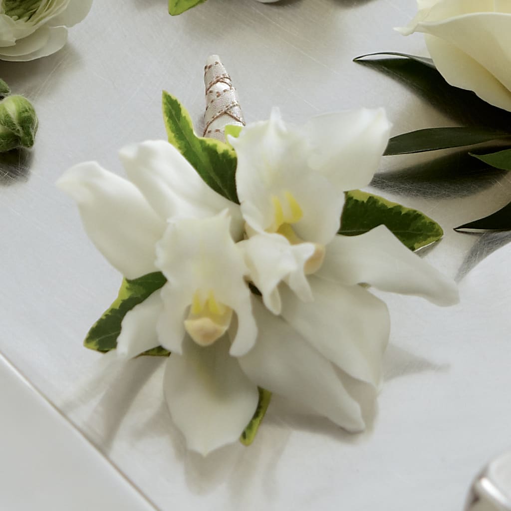 White Mini Cymbidium Boutonniere – Neilsen Florist, Seattle WA