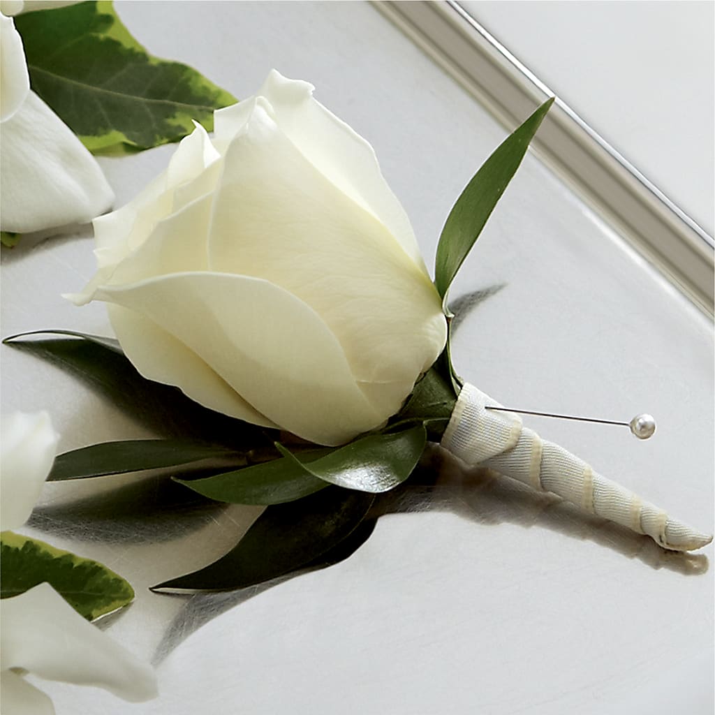 White Rose Boutonniere – Neilsen Florist, Seattle WA